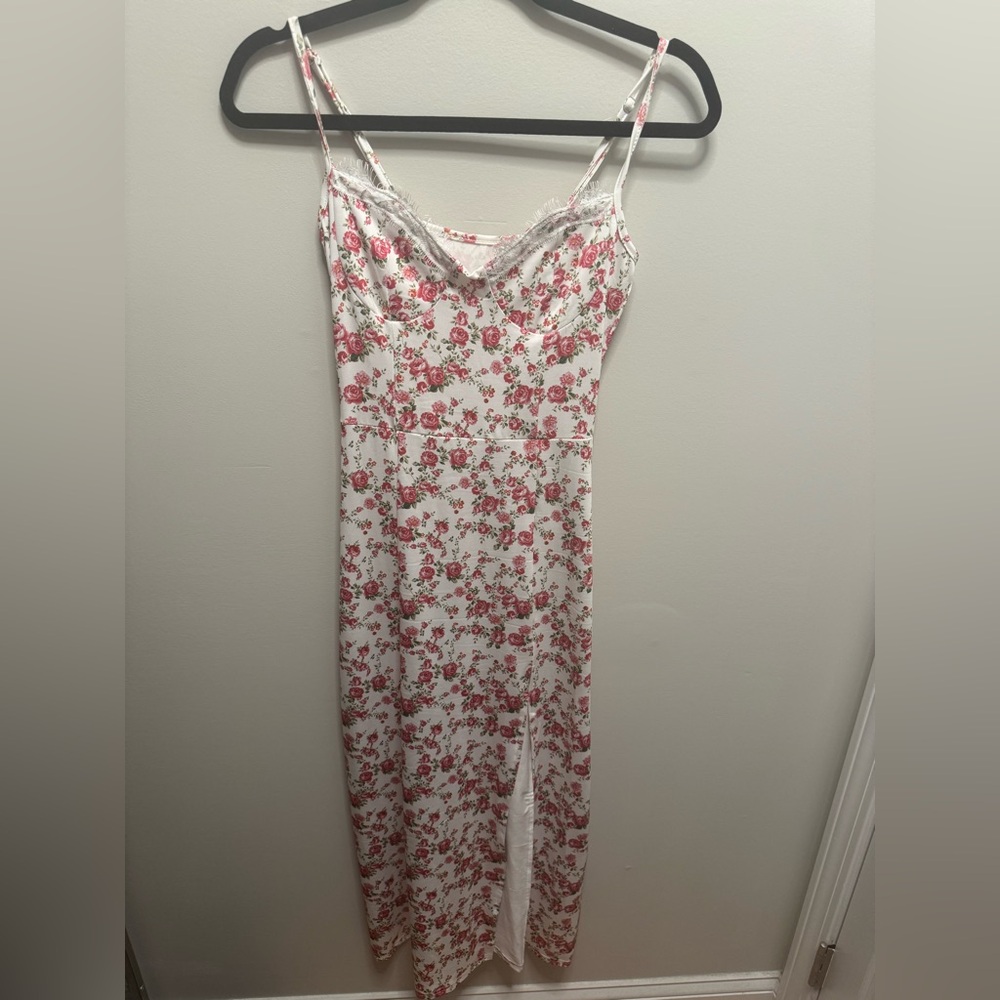 White Floral Slip Dress with Lace Trim